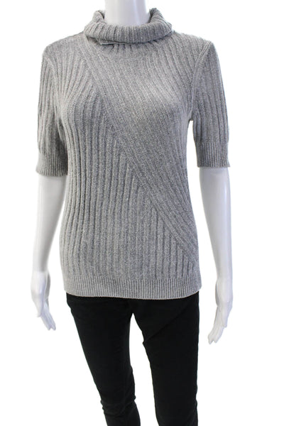 Elie Tahari Womens Gray Striped Turtleneck Pullover Sweater Short Sleeve Size S