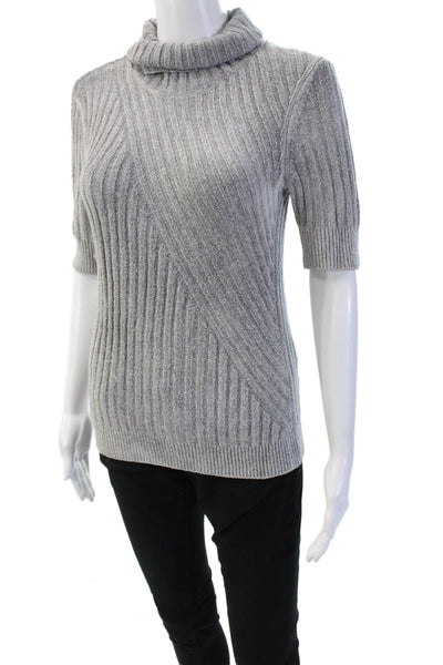 Elie Tahari Womens Gray Striped Turtleneck Pullover Sweater Short Sleeve Size S