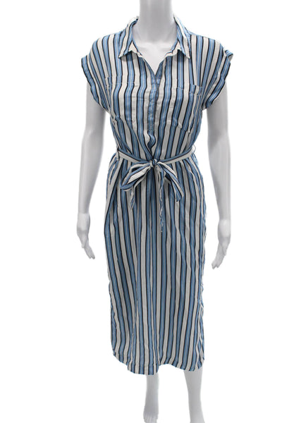 Unsubscribed Women Shirt Dress Blue Striped Silk Collared Short Midi Size 2XS