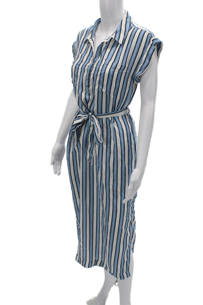 Unsubscribed Women Shirt Dress Blue Striped Silk Collared Short Midi Size 2XS