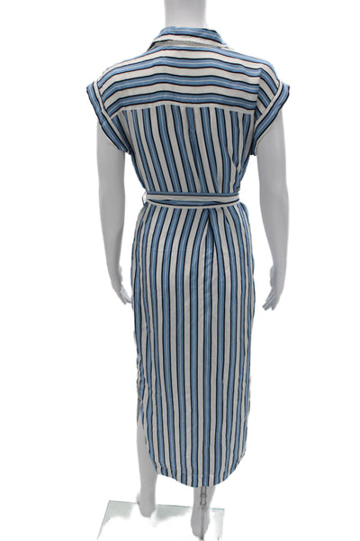 Unsubscribed Women Shirt Dress Blue Striped Silk Collared Short Midi Size 2XS