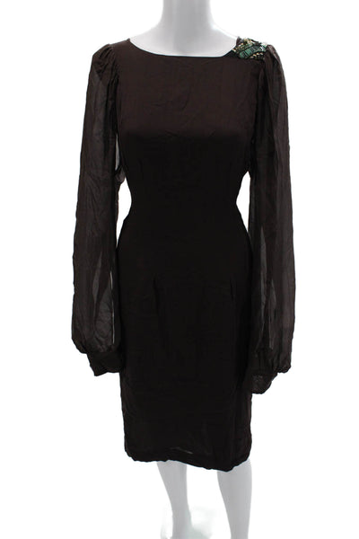 Dries Van Noten Womens Sheath Dress Black Silk Long Sleeve Knee Length Size 44