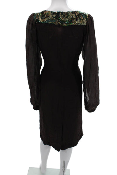 Dries Van Noten Womens Sheath Dress Black Silk Long Sleeve Knee Length Size 44