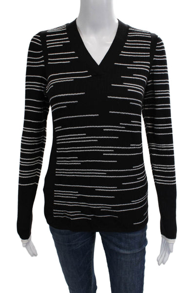 Nic + Zoe Womens Pullover Sweater Black Striped V Neck Long Sleeve Size XS