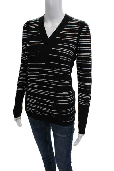 Nic + Zoe Womens Pullover Sweater Black Striped V Neck Long Sleeve Size XS