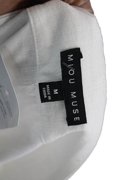 Miou Muse Women Cropped Dress Pants White Button 70% Cotton Linen Size M