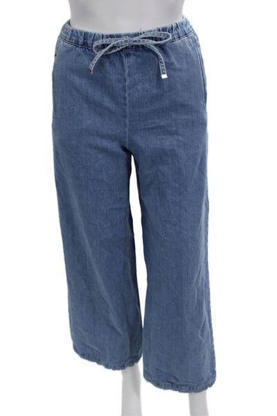 Zara Women Cropped High Rise Blue Pants Drawstring 93% Polyester Size S