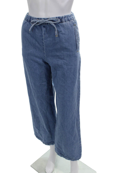 Zara Women Cropped High Rise Blue Pants Drawstring 93% Polyester Size S