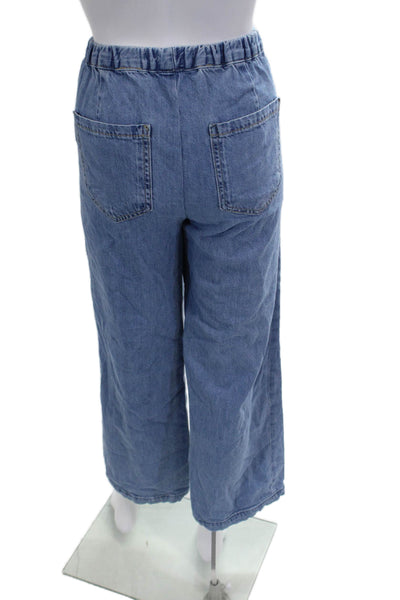 Zara Women Cropped High Rise Blue Pants Drawstring 93% Polyester Size S