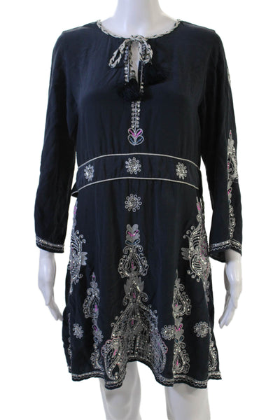 Calypso Saint Barth Women Kaftan Dress Dark Blue 100% Silk 3/4 Sleeve Size S