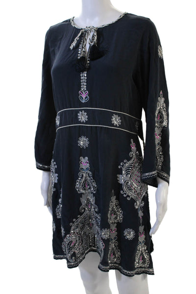 Calypso Saint Barth Women Kaftan Dress Dark Blue 100% Silk 3/4 Sleeve Size S