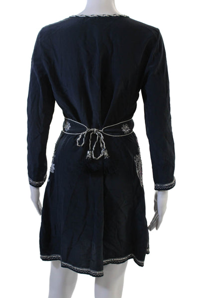 Calypso Saint Barth Women Kaftan Dress Dark Blue 100% Silk 3/4 Sleeve Size S