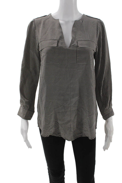 Joie Women Tunic Blouse Black Silk V-Neck Long Sleeve Geometric Aztec Size XS