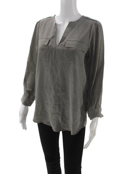Joie Women Tunic Blouse Black Silk V-Neck Long Sleeve Geometric Aztec Size XS