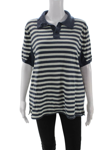 Theory Mens Dark Blue Cashmere Silk Striped Collared Short Sleeve Polo Size XL