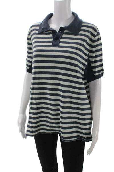 Theory Mens Dark Blue Cashmere Silk Striped Collared Short Sleeve Polo Size XL