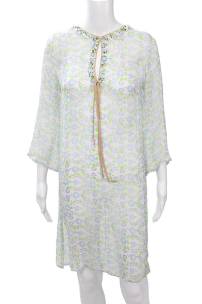 Delfina Women Kaftan Dress Light Blue Silk Floral 3/4 Sleeve Short Beach Size M