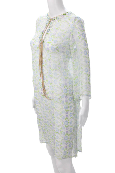 Delfina Women Kaftan Dress Light Blue Silk Floral 3/4 Sleeve Short Beach Size M