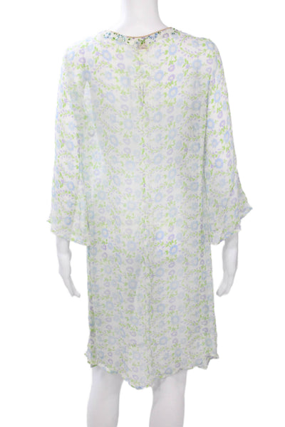 Delfina Women Kaftan Dress Light Blue Silk Floral 3/4 Sleeve Short Beach Size M