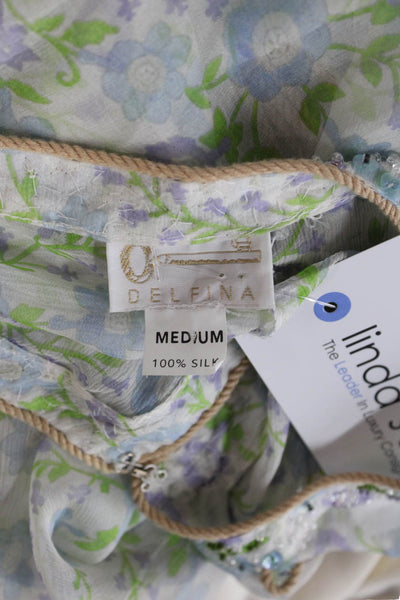 Delfina Women Kaftan Dress Light Blue Silk Floral 3/4 Sleeve Short Beach Size M