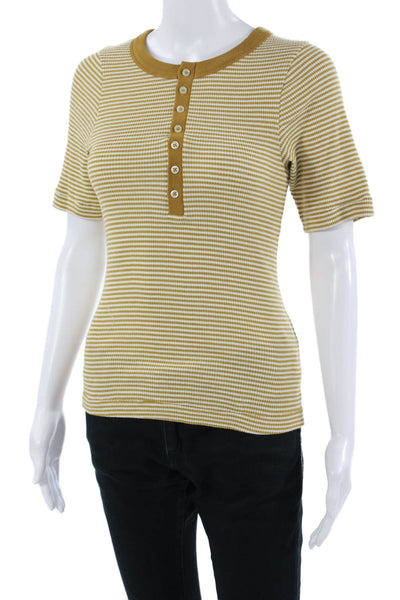 The Great Womens Basic Striped Crew Neck Short Sleeve T-Shirt Beige Size 1
