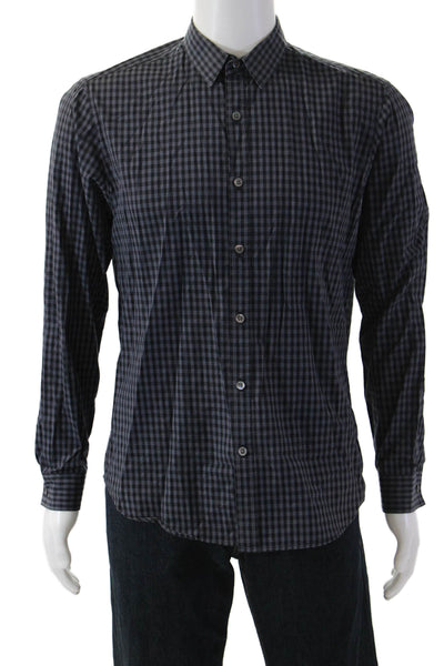 Theory Mens Cotton Checkered Print Long Sleeve Button-Down Shirt Blue Size L