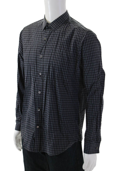 Theory Mens Cotton Checkered Print Long Sleeve Button-Down Shirt Blue Size L