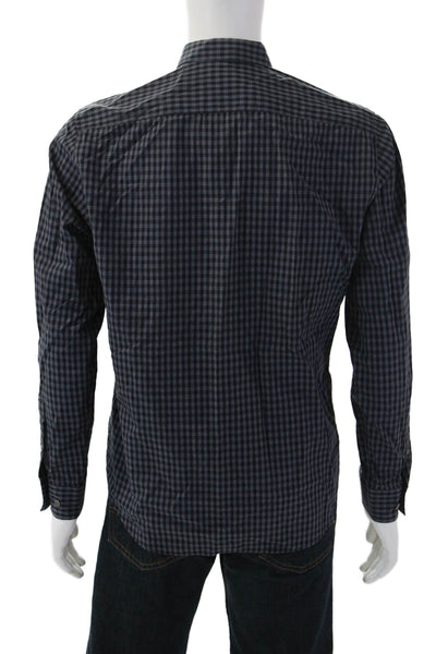Theory Mens Cotton Checkered Print Long Sleeve Button-Down Shirt Blue Size L
