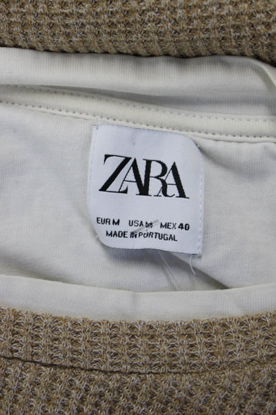 Zara Mens Pullover Crew Neck Cotton Beige Classic Long Sleeve Sweater Size M
