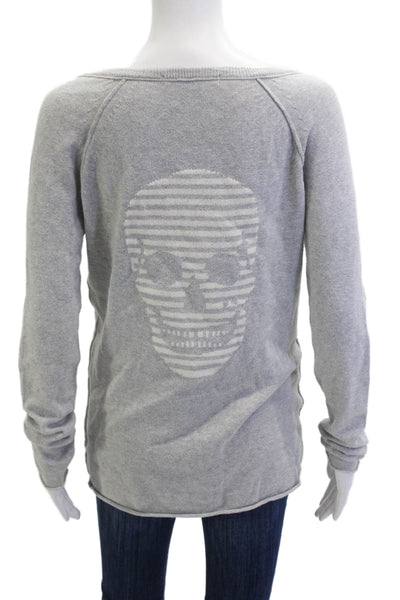 Skull Cashmere Women V-Neck Pullover Sweater Gray Skull Graphic Cotton Size S