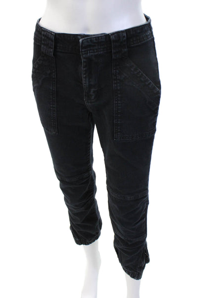 Frame Womens Cargo Cropped Pants Black Organic Cotton Button Size 28
