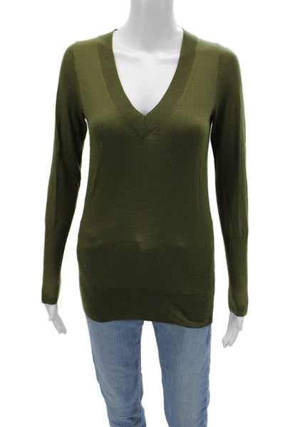 J Crew Womens Pullover Sweater Green V Neck Long Sleeve Merino Silk Size XS