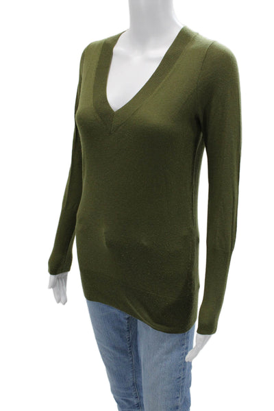 J Crew Womens Pullover Sweater Green V Neck Long Sleeve Merino Silk Size XS