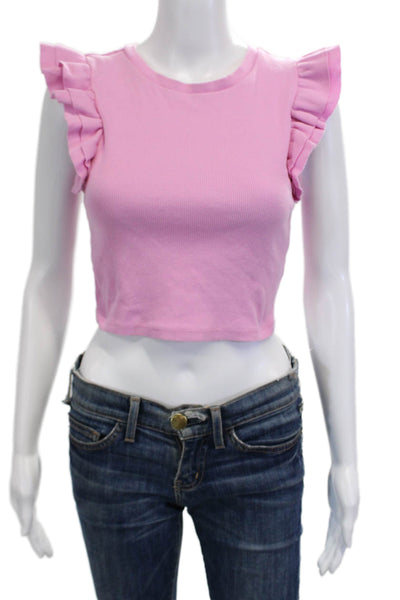 Zara Women Cropped Pink Cotton Blend Crew Neck Cap Sleeve T-Shirt Size M