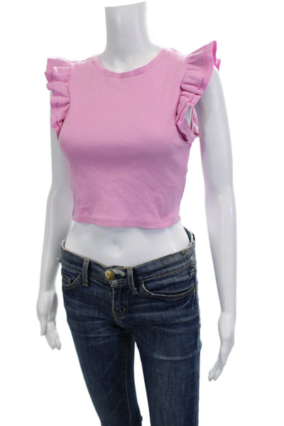Zara Women Cropped Pink Cotton Blend Crew Neck Cap Sleeve T-Shirt Size M