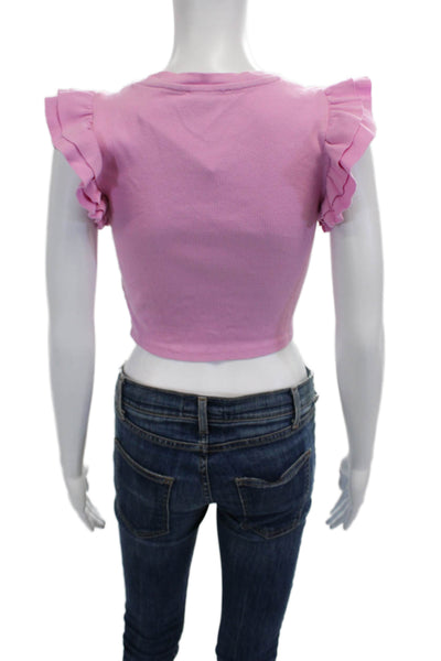 Zara Women Cropped Pink Cotton Blend Crew Neck Cap Sleeve T-Shirt Size M
