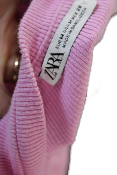 Zara Women Cropped Pink Cotton Blend Crew Neck Cap Sleeve T-Shirt Size M