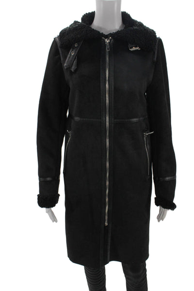 Zara Womens Black Vegan Suede Biker Overcoat Buckle Long Sleeve Size XS