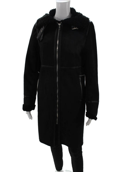 Zara Womens Black Vegan Suede Biker Overcoat Buckle Long Sleeve Size XS