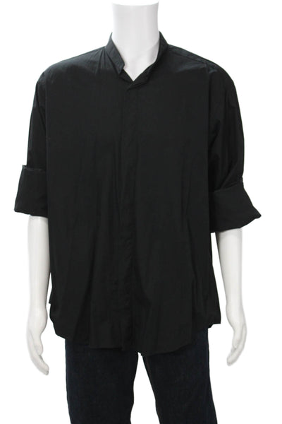 Donna Karan New York Mens Black Cotton Band Collar Button-Up Shirt Size 16.5