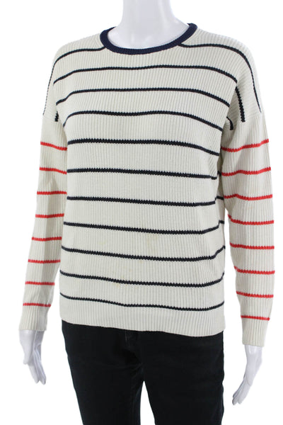 Kule Unisex Pullover White Striped Crew Neck Long Sleeve Cotton Blend Size XS