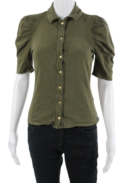 Nation LTD Womens Green Cotton Collared Button Up Blouse Short Sleeve Size XS