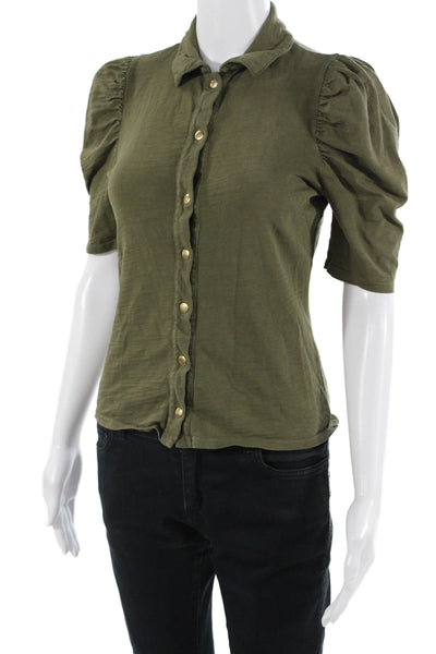 Nation LTD Womens Green Cotton Collared Button Up Blouse Short Sleeve Size XS