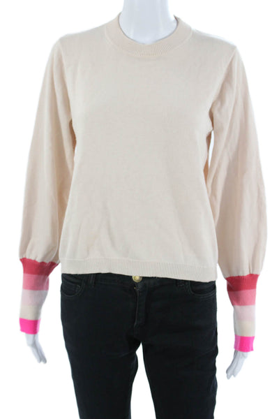 Whisper By Brodie Women Striped Crew Neck Pullover Beige Silk Size M