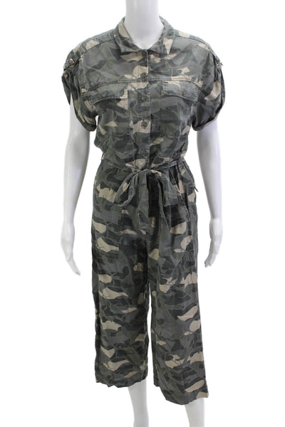 Le Superbe Women Jumpsuit Green Camouflage Collared Short Sleeve Lyocell Size 0