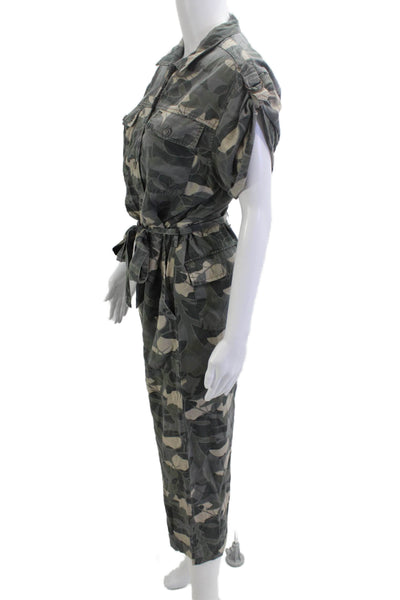 Le Superbe Women Jumpsuit Green Camouflage Collared Short Sleeve Lyocell Size 0
