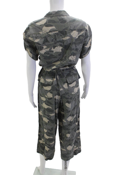 Le Superbe Women Jumpsuit Green Camouflage Collared Short Sleeve Lyocell Size 0