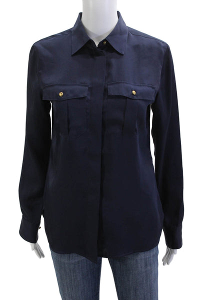 Lauren Ralph Lauren Women Dark Blue Collared Long Sleeve Basic Blouse Size S