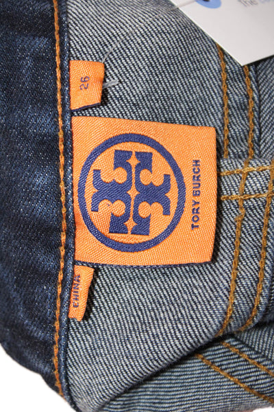 Tory Burch Womens Dark Blue Straight Jeans Mid Rise Button Size 26