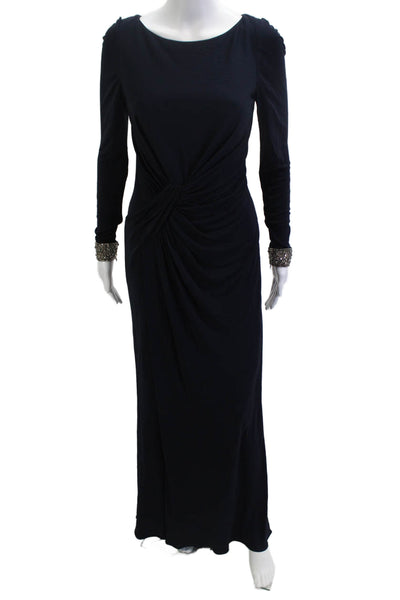 David Meister Women Dark Blue Silk Maxi Sheath Dress Long Sleeve Zip Size 4